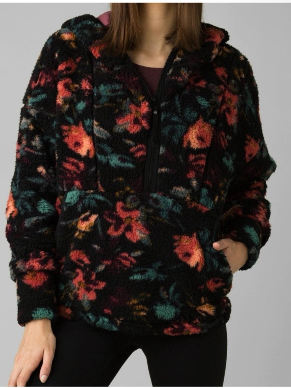 prAna Polar Escape Half Zip Pullover Sherpa in Black Floral EUC